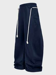 EASEVO Plus Size Men's Casual Sweatpants, Navy Blue Patchwork Barrel Leg Pants, Spring/Autumn - Blue - View 1