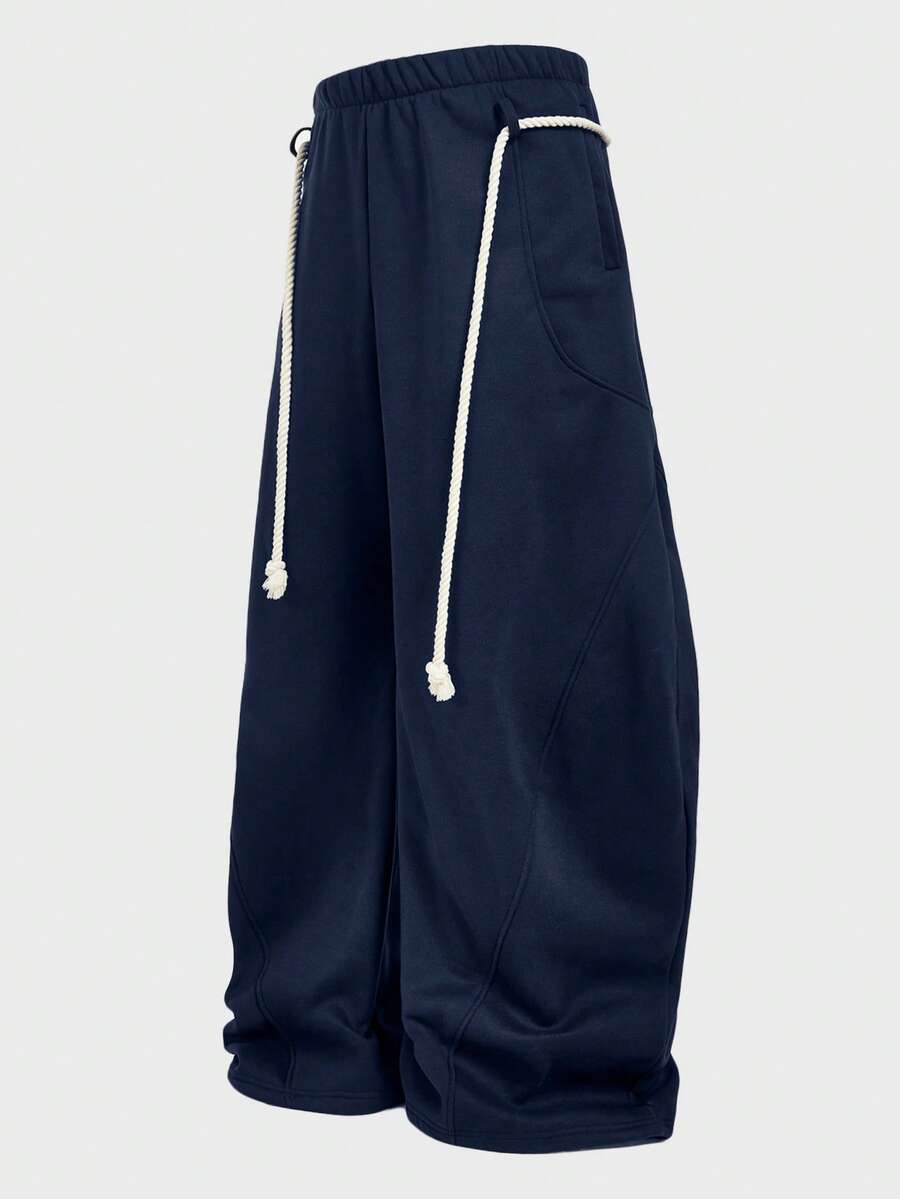 EASEVO Plus Size Men's Casual Sweatpants, Navy Blue Patchwork Barrel Leg Pants, Spring/Autumn - Blue - View 1