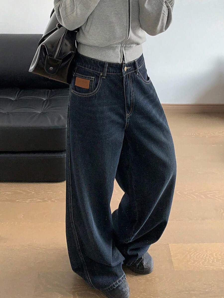 Dazy Tall 女式高腰直筒休闲牛仔裤 - 深色水洗藍 - 查看 1