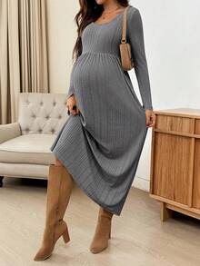 SHEIN Váy bầu màu trơn thường ngày, thích hợp mặc đi làm, mùa thu - Màu xám đen - Xem 5