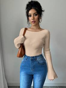 Elenzga 1 Áo len bó tay loe trễ vai cho nữ - Màu be - Xem 4