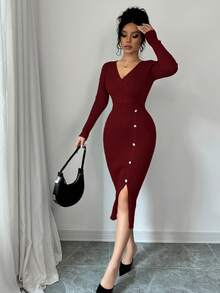 Elenzga 女式合身V领束腰毛衣裙 - 酒紅色 - 查看 3