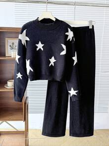 Sparklyn 青少年新款提花星空圆领短款毛衣搭配黑色阔腿裤，适合居家、外出、聚会、返校