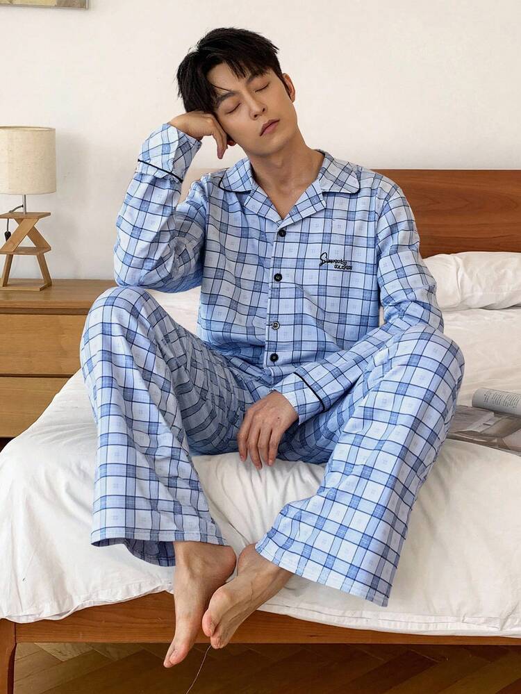 Men's Autumn Plaid Shirt With Letter Embroidery & Pants Pajama Set, Fall & Winter Clothes