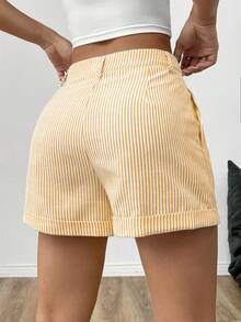 SHEIN EZwear Women's Casual Striped Roll-Up Hem Shorts, Summer - Yellow - View 2