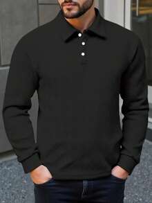 Manfinity Mode Áo Polo dài tay nam cỡ lớn, màu trơn, kiểu dáng thường ngày/công sở, có cúc cài, chất liệu dệt kim, áo polo cổ bẻ, áo polo dài tay cho nam, kiểu dáng chơi golf. - Màu xám đen - Xem 3
