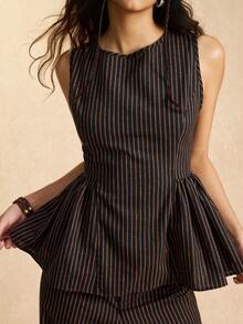 Easelle Conjunto de top sin mangas y pantalones de cuadros tejidos para mujer - Azul Marino - Ver 7