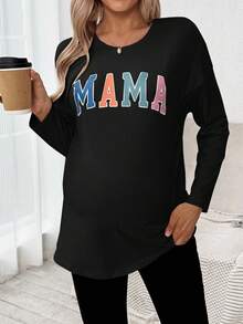 SHEIN Maternity Letter Print Round Neck Long Sleeve Casual Nursing Top Mama Shirt Pregnancy Shirts Breastfeeding Shirt Maternity Shirts - Black - View 4