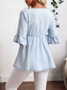 EMERY ROSE Áo khoác denim tay bèo nhún cạp rút cỡ lớn thường ngày - Màu xanh lam - Xem 2