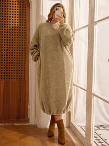 Rosumi Lässiges, einfarbiges Große Größen-Kleid mit Drop Shoulder und lockerer Passform, Herbst-/Winterkleidung für Damen, gemütliche Herbst- und Winterkleidung für Damen, Silvesterkleidung, braunes Kleid - Braun - Übersicht 2