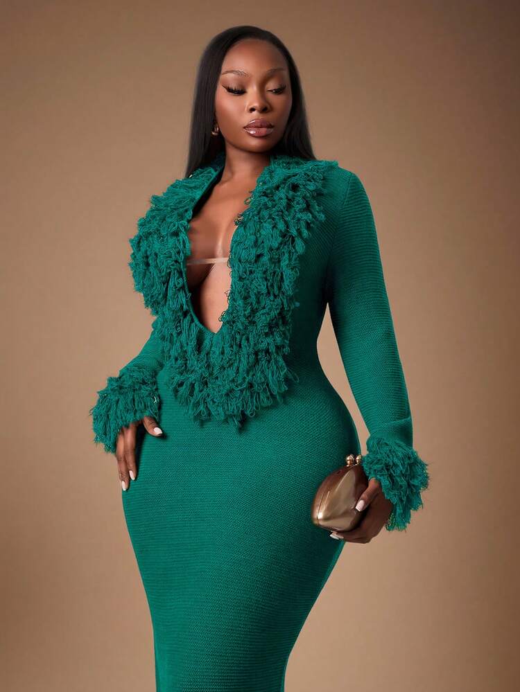 Radiana Plus Size Fashionable Sexy Fringe Decor Deep V-Neck Extra Long Knit Dress In Fall/Winter - Teal Blue - View 1