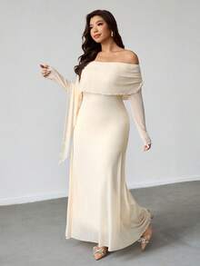 Firerie Plus Size Women Elegant Casual Vacation Date Party Afternoon Tea Graceful Fashionable Ruched Off Shoulder Cape Asymmetrical Hem Sheer Elastic Long Sleeve Dress Summer Spring - Apricot - View 3
