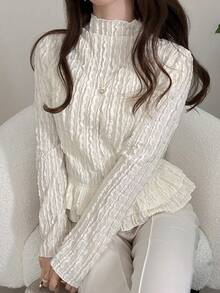 FRIFUL Women's Turtleneck Textured Fabric Layered Ruffle Hem Fitted T-Shirt - Apricot - View 1