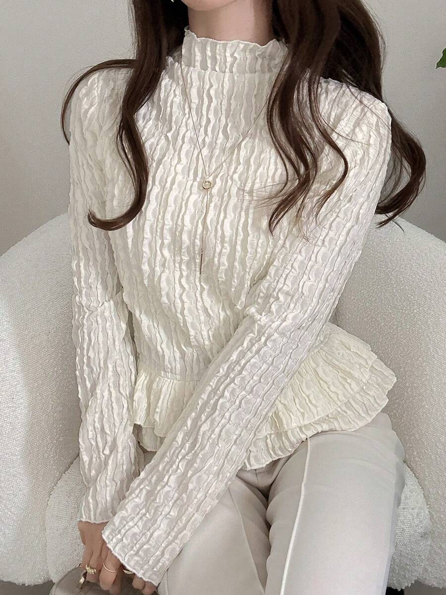 FRIFUL Women's Turtleneck Textured Fabric Layered Ruffle Hem Fitted T-Shirt - Apricot - View 1