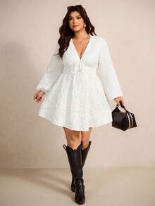Elaquor Plus Size Solid Color Minimalist V-Neck Tie Front Long Sleeve Dress - White - View 5