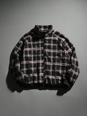 Prep Men's Autumn/Winter Street Fashion Plaid Fleece Jacket With Zipper