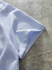 AXEPEAK Young Men's Casual Loose Fit Short Sleeve Striped Woven Shirt - Blue - View 3