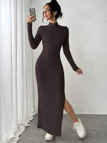 Siren Gaze 女士长款侧开衩高领长袖连衣裙，女士连衣裙罗纹连衣裙长款连衣裙冬季长款毛衣连衣裙长款紧身连衣裙开衩连衣裙 - 咖啡棕 - 查看 6