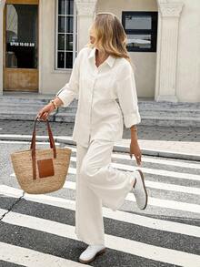 Serisse 女式度假休闲纯色衬衫和裤子两件套 - 杏色 - 查看 3