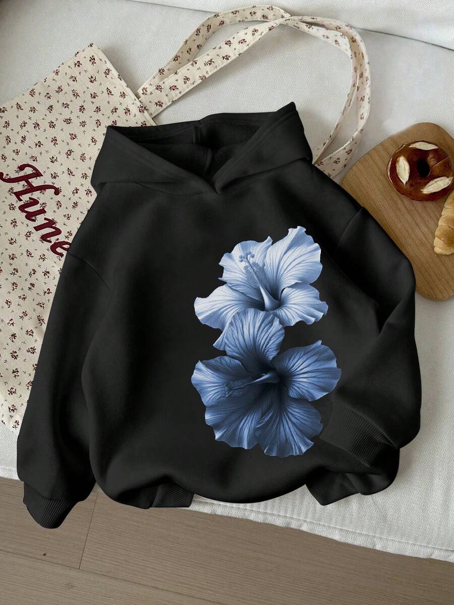 Teen Girl Floral Print Casual Sweatshirt, Loose Fit Top, Suitable For Winter Wear - Black - View 1