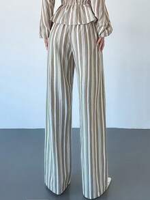 Firerie 女士优雅休闲日常通勤办公裤，灰绿色条纹弹力腰宽松阔腿裤，棉混纺面料，适合秋季、工作、教学、外出、机场等场合，百搭实用 - 彩色 - 查看 2