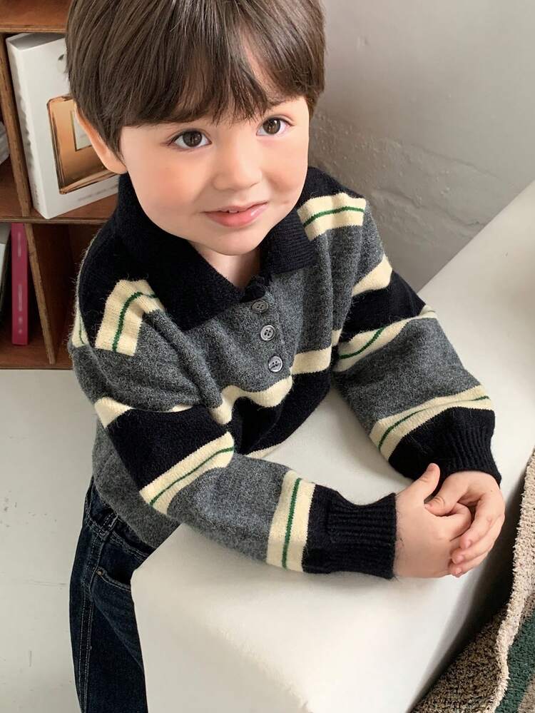 Baby Boy Striped Polo Neck Long Sleeve Casual Sweater, Autumn/Winter