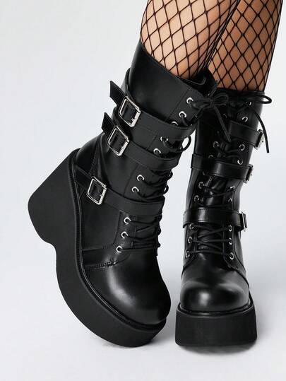 Damen Plateau-Stiefel mit dicker Sohle, matte schwarze Punk-Optik, Wadenlänge, Gothic-Stil mit rundem Zehenbereich, Metallschnallen-Dekor, bequem, Kampfstiefel, Reiterstiefel, Halloween