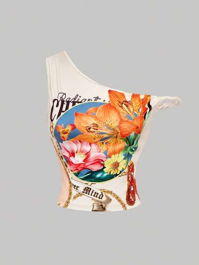 SHEIN MOD Women's Asymmetric Shoulder Vintage Floral Twist Front Top, , Clothes For New Year,Frenchy,Terrace Chill,Glamour,Chic Autumn,Fall New Style Women,Retro, Flower Top, One Shoulder Tops, Graphic Tops Women, Tropical Top,Vintage Inspired Floral Print One Shoulder Crop Top,
Chic Women's One Shoulder Sleeveless Floral Tank Top,
Elegant Floral Graphic Print Asymmetrical Neck Crop Top