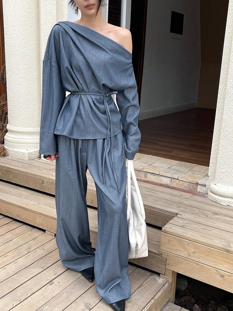 Women's Tie-Front Oblique Shoulder Long Sleeve Top And Wide Leg Pants 2 Pieces Casual Set