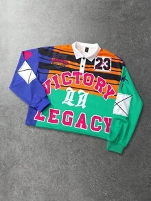 ROMWE MEN Street Life Áo nỉ cổ polo in chữ chắp vá màu tương phản thường ngày dành cho nam, mùa thu - Nhiều màu - Xem 3