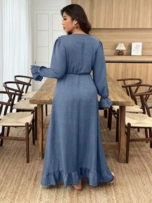 Weeklong Plus Size Women Solid Color Ruffle Collar Front Tie Long Sleeve Elegant Dress - Blue - View 2