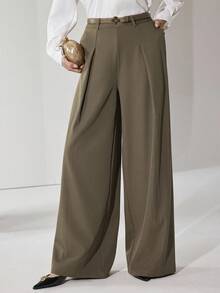 Heiryn Pantalones casuales sueltos de pierna ancha y plisados de unicolor para mujer - Marrón Mocha - Ver 1