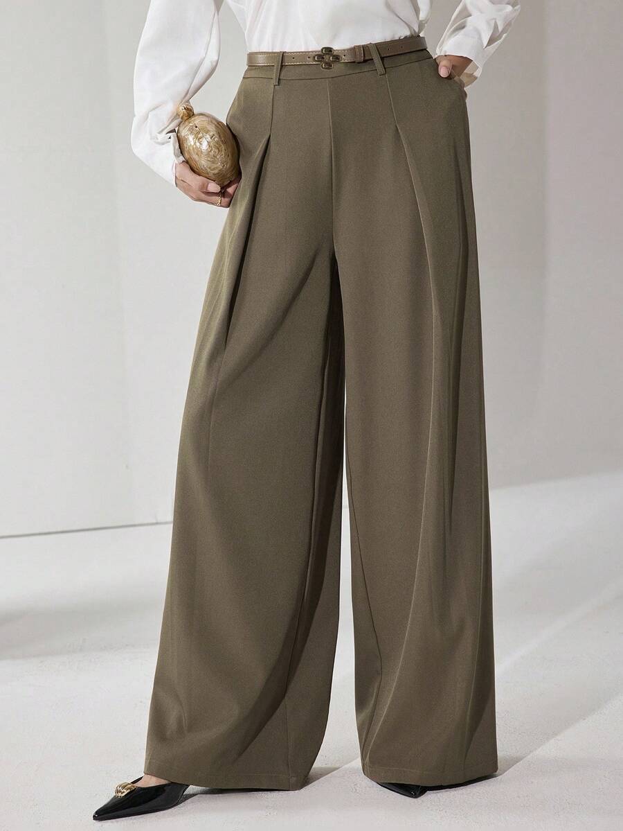 Heiryn Pantalones casuales sueltos de pierna ancha y plisados de unicolor para mujer - Marrón Mocha - Ver 1