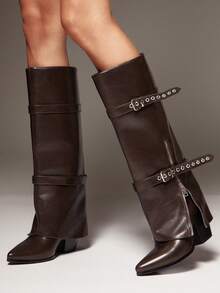 SHUZIA Women's Fashionable Comfortable Point Toe Buckled Straps Fold Over Knee High Boots - Chocolate Brown - View 2