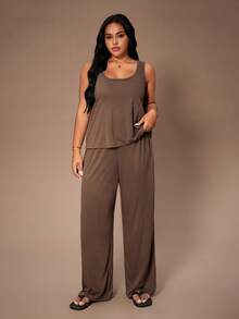 Lazeform 3件套加大码女式纯色休闲针织背心、裤子和睡袍套装，棕色女士睡衣套装，莫代尔睡衣套装，3件套女式睡衣，秋冬服装 - 棕色 - 查看 8