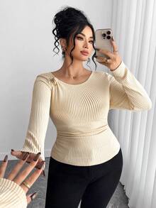 Elenzga Große Größen Neue Damen Schräger Kragen Langarm Gerippter Fleece mit Metallknöpfen an der Taille, Raffung Design, Lässig Vielseitig Elegantes T-Shirt Top, Herbst/Winter - Aprikosenfarben - Übersicht 3