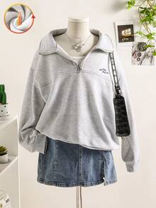 秋冬款青少年女孩休闲宽松落肩卫衣 - 灰色 - 查看 6