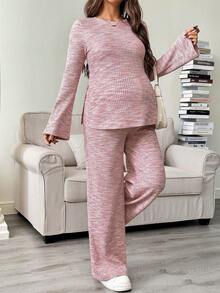 SHEIN 2件套孕妇休闲长袖上衣和裤子套装 - 粉色 - 查看 3