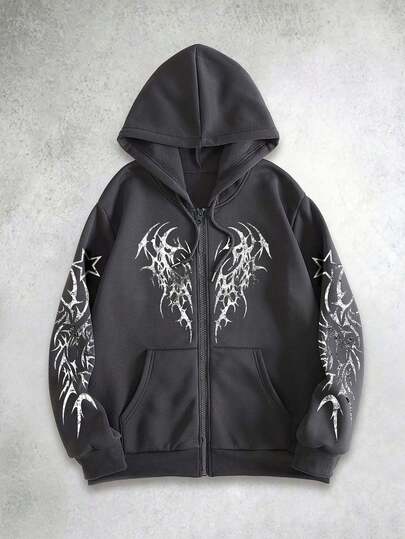 Men's Retro Gothic Hooded Drawstring Casual Zip-Up Versatile Fashion Sweatshirt