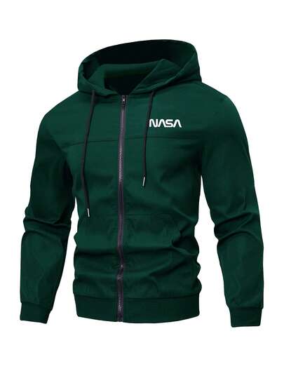 Manfinity Homme Plusstorlek herrjacka med bokstavstryck, långärmad huvtröja med dragkedja fram och fickor och dragsko