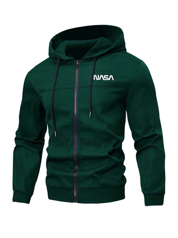 Manfinity Homme Plus Size Men's Letter Print Long Sleeve Zip Front Pocket Drawstring Hoodie Jacket