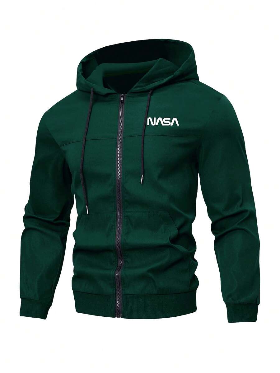 Manfinity Homme 大码男式字母印花长袖拉链前口袋抽绳连帽夹克 - 墨綠色 - 查看 1