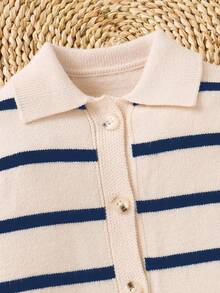 SHEIN 1pc Young Boys Casual Cute & Stylish Korean Style Striped Long Sleeve Cardigan Sweater, Suitable For Outings, School, Vacation, Autumn/Winter - Navy Blue - View 3