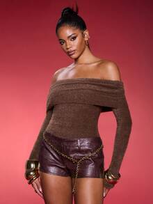 Normani Bodyduit de cuello alto acanalado con hombros descubiertos de manga larga para otoño/invierno para mujeres - Marrón - Ver 7
