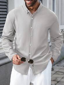 Manfinity Homme Plus Size Men's Solid Color Casual Long Sleeve Shirt Grey Men Shirts Men Fashion Dress Shirt Business Casual Men Shirt Light Grey Shirt Men Luxury Shirts - Light Grey - View 3