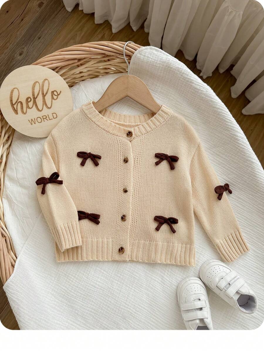 SHEIN Apricot Bowknot Cardigan, Cute & Versatile For Baby Girls, Autumn/Winter - Khaki - View 1