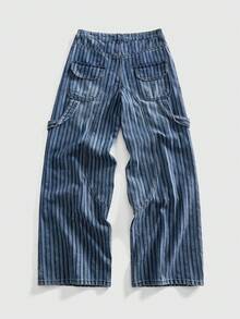 ROMWE MEN Prep Men's Casual Fashion Street Patchwork Striped Print Distressed Loose Wide-Leg Jeans - Blue - View 2