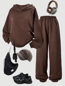 Sparklyn 2-częściowy zestaw dziewczęcej bluzy z kapturem i modnych spodni, odpowiedni do codziennych dojazdów do pracy, wiosna/jesień - Brązowy - Zobacz 4