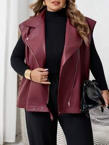 SHEIN CURVE+ 大码女式秋冬时尚休闲宽松舒适日常基本百搭红色 PU 皮背心夹克、秋季外套、休闲女装、女式秋季服装、女式西装、返校装、Y2k 服装、街头服饰、女式冬季夹克 - 酒紅色 - 查看 6