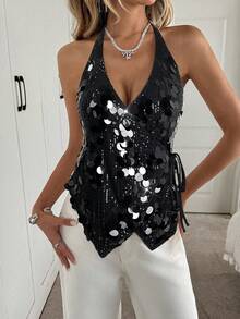 SHEIN LUNE Áo ba lỗ quấn sequin dự tiệc quyến rũ dành cho nữ - màu đen - Xem 3